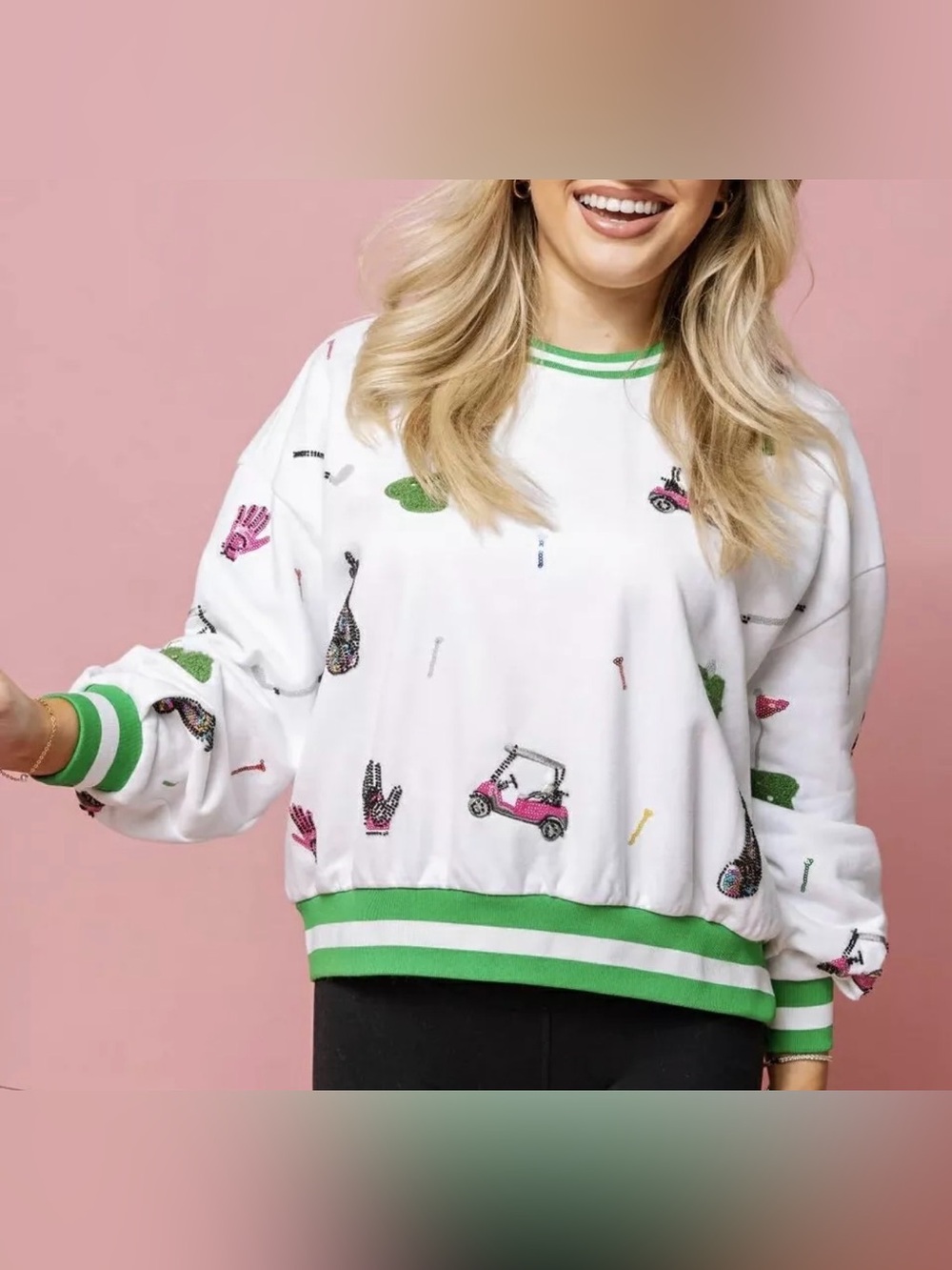 QUEEN OF SPARKLES White Scattered Sequin Golf Icon Sweatshirt - Picture 2 of 9